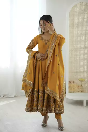 Yellow color designer roman silk sequins embroidered work readymade suit