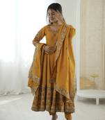 Yellow color designer roman silk sequins embroidered work readymade suit