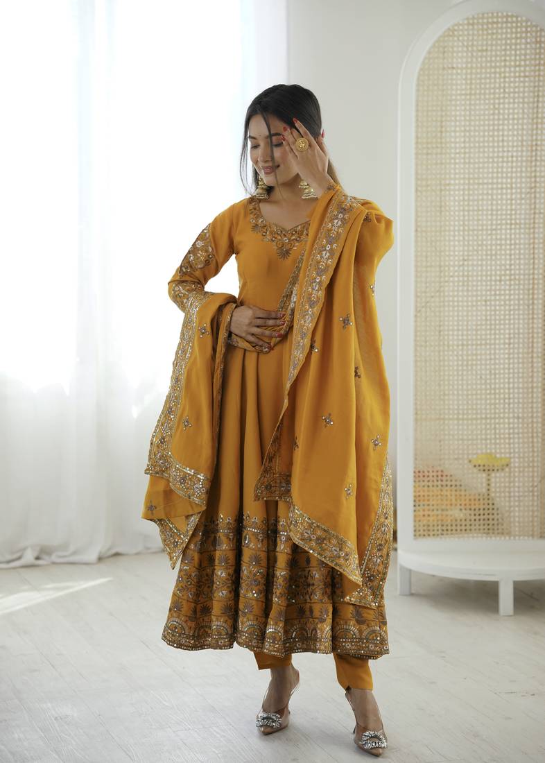 Yellow color designer roman silk sequins embroidered work readymade suit
