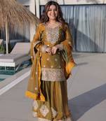 Mustard color designer fendi chiffon sequins embroidered work readymade suit