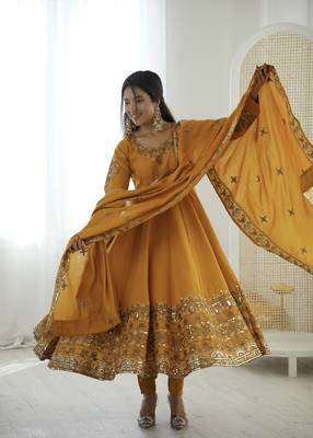 Yellow color designer roman silk sequins embroidered work readymade suit 2