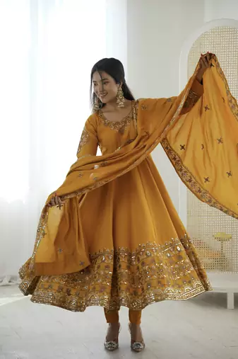 Yellow color designer roman silk sequins embroidered work readymade suit