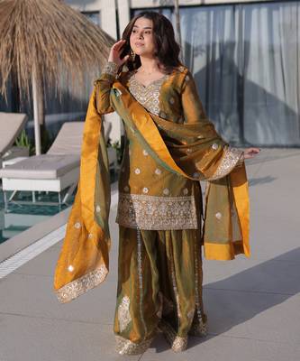 Mustard color designer fendi chiffon sequins embroidered work readymade suit 2