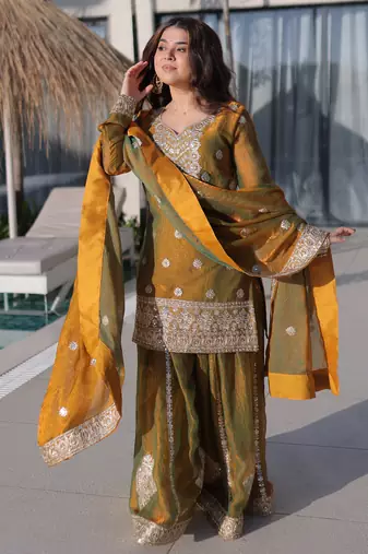Mustard color designer fendi chiffon sequins embroidered work readymade suit