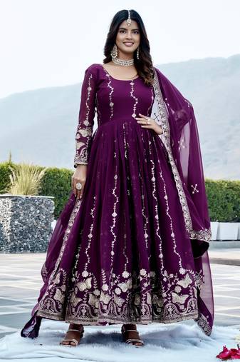 Purple color designer faux georgette sequins embroidered work readymade suit