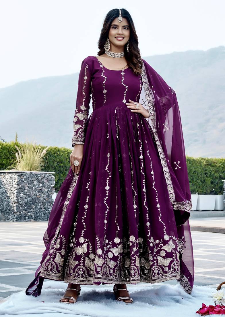 Purple color designer faux georgette sequins embroidered work readymade suit