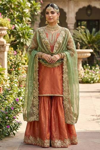 Rust color designer fendy silk sequins embroidered work readymade suit