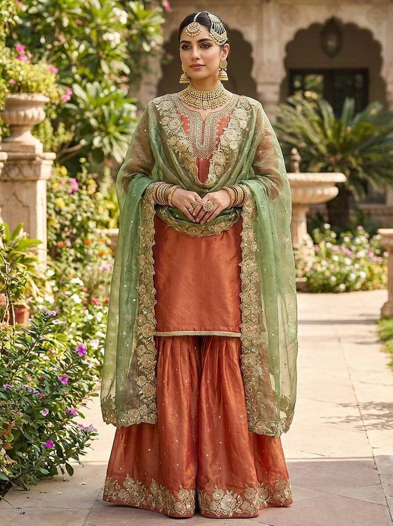 Rust color designer fendy silk sequins embroidered work readymade suit