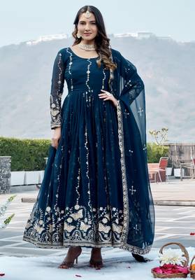 Blue color designer faux georgette sequins embroidered work readymade suit 1