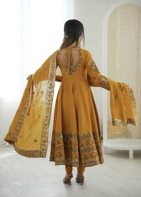 Yellow color designer roman silk sequins embroidered work readymade suit 3