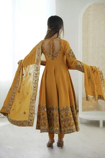 Yellow color designer roman silk sequins embroidered work readymade suit