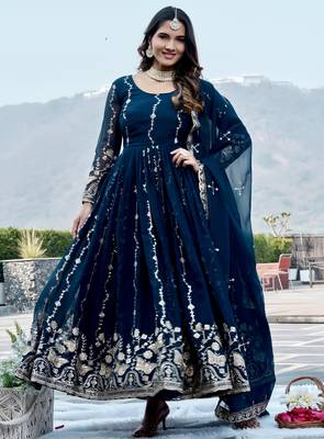 Blue color designer faux georgette sequins embroidered work readymade suit 2