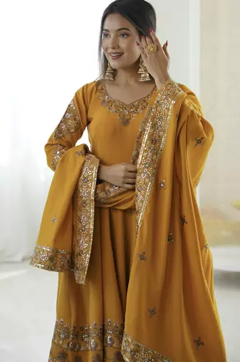 Yellow color designer roman silk sequins embroidered work readymade suit