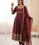 Maroon color designer cosmos gold silk lace work readymade suit