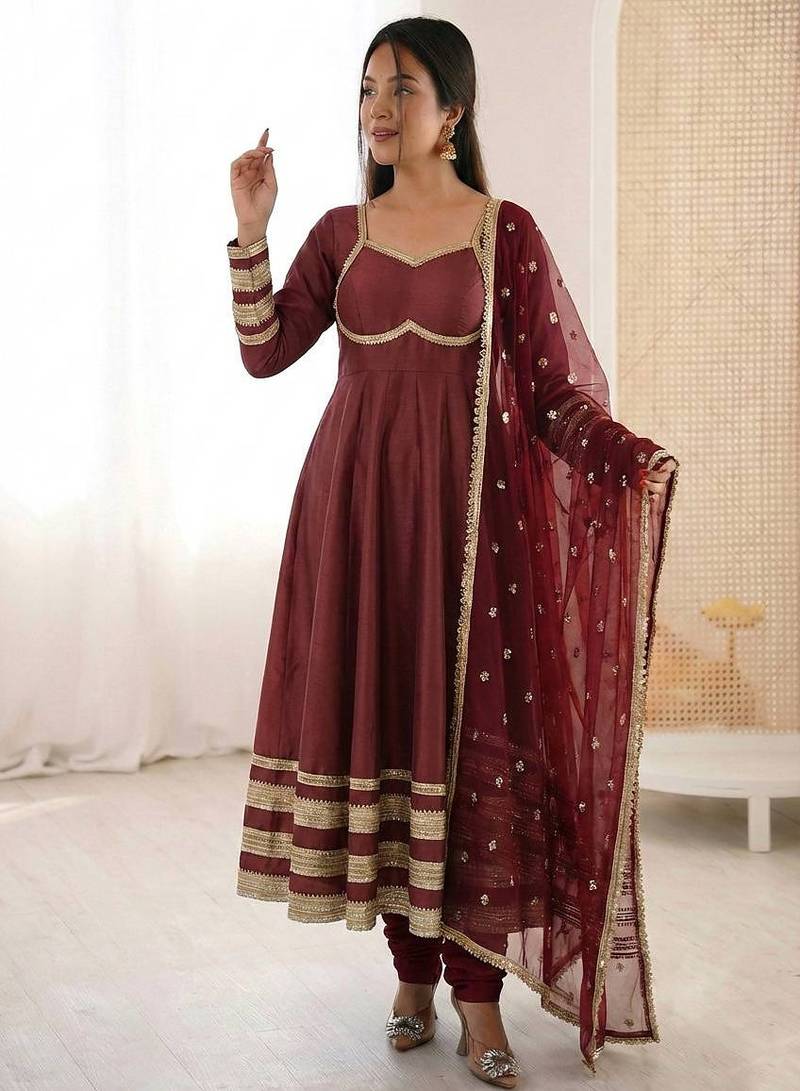 Maroon color designer cosmos gold silk lace work readymade suit