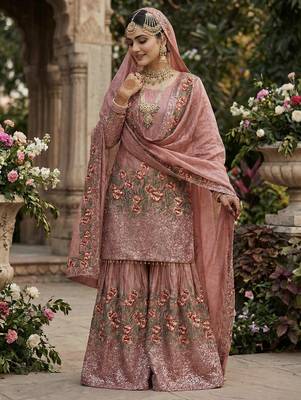 Pink color designer pure fendy silk sequins embroidered work readymade suit 2