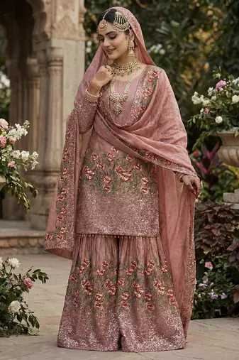 Pink color designer pure fendy silk sequins embroidered work readymade suit