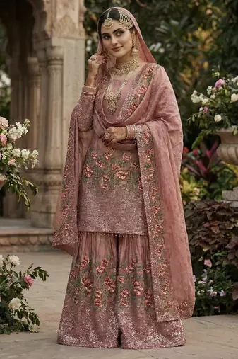 Pink color designer pure fendy silk sequins embroidered work readymade suit