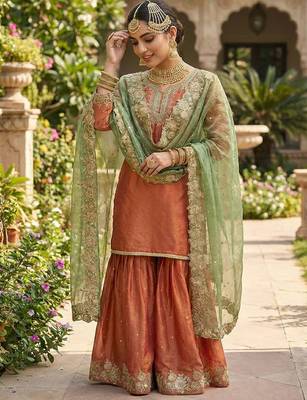 Rust color designer fendy silk sequins embroidered work readymade suit 2