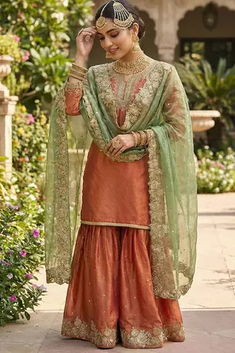 Rust color designer fendy silk sequins embroidered work readymade suit