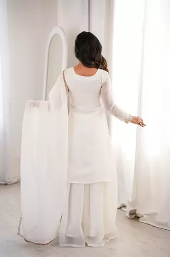 Off white color designer heavy pure soft crunchy silk sequins embroidered work readymade suit