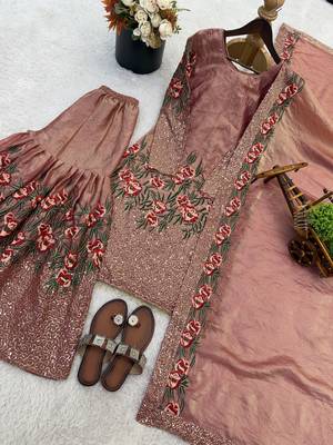 Pink color designer pure fendy silk sequins embroidered work readymade suit 4