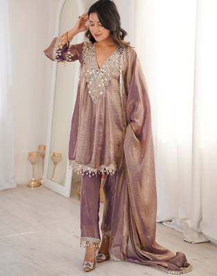Purple color designer fendy silk real mirror & embroidered work readymade suit 1
