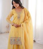 Yellow color designer heavy pure soft crunchy silk sequins embroidered work readymade suit
