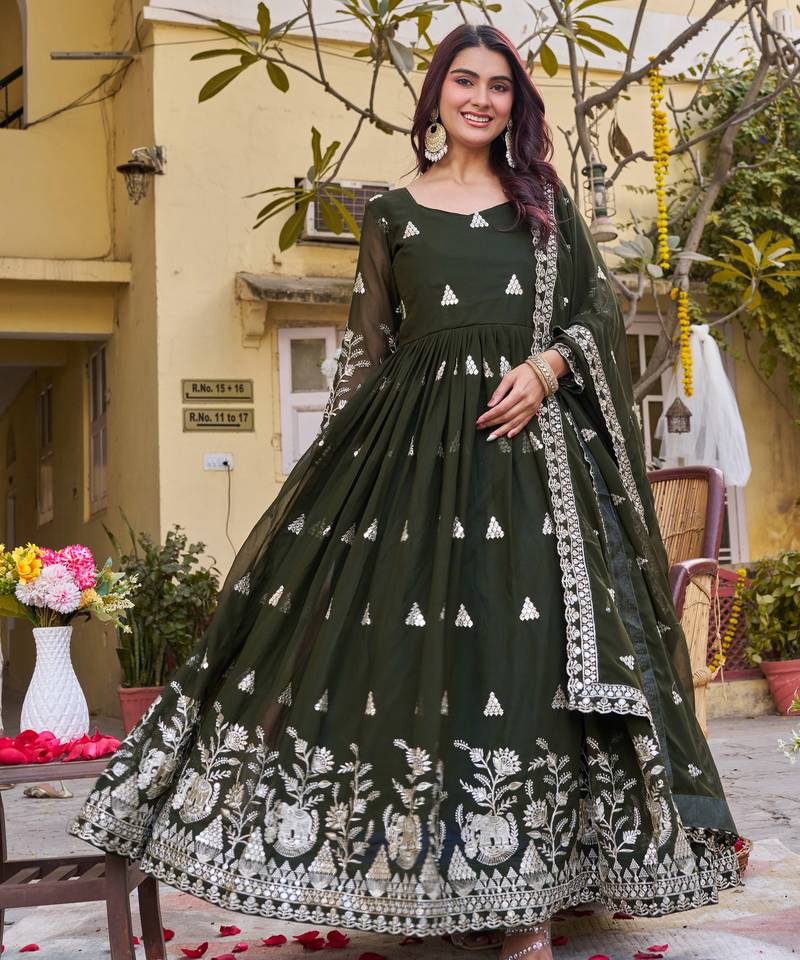 Mehendi green color designer fox georgette sequins embroidered work readymade suit