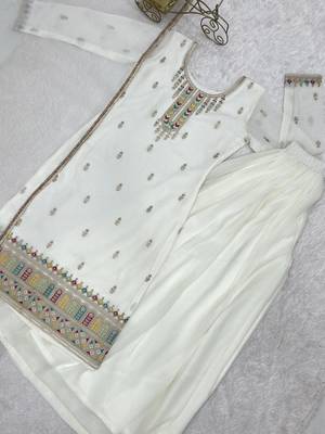 Off white color designer heavy pure soft crunchy silk sequins embroidered work readymade suit 3