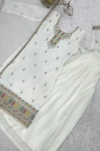 Off white color designer heavy pure soft crunchy silk sequins embroidered work readymade suit