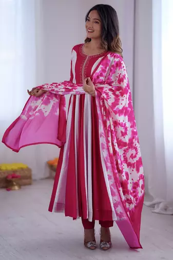 Multi designer roman silk printed & embroidered work readymade suit