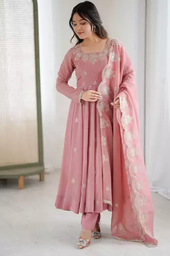 Pink designer crunchy silk sequins embroidered work readymade suit