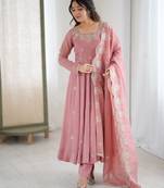 Pink designer crunchy silk sequins embroidered work readymade suit