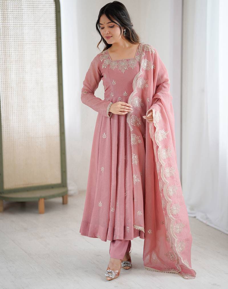 Pink designer crunchy silk sequins embroidered work readymade suit