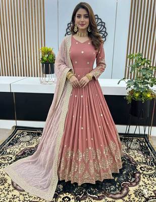 Peach pink designer heavy faux georgette sequins embroidered work readymade suit 1