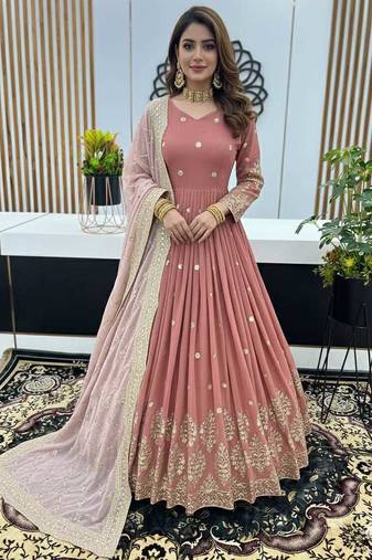 Peach pink designer heavy faux georgette sequins embroidered work readymade suit