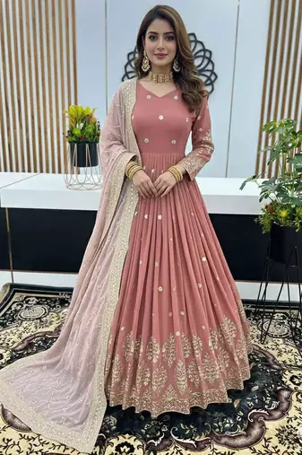 Peach pink designer heavy faux georgette sequins embroidered work readymade suit