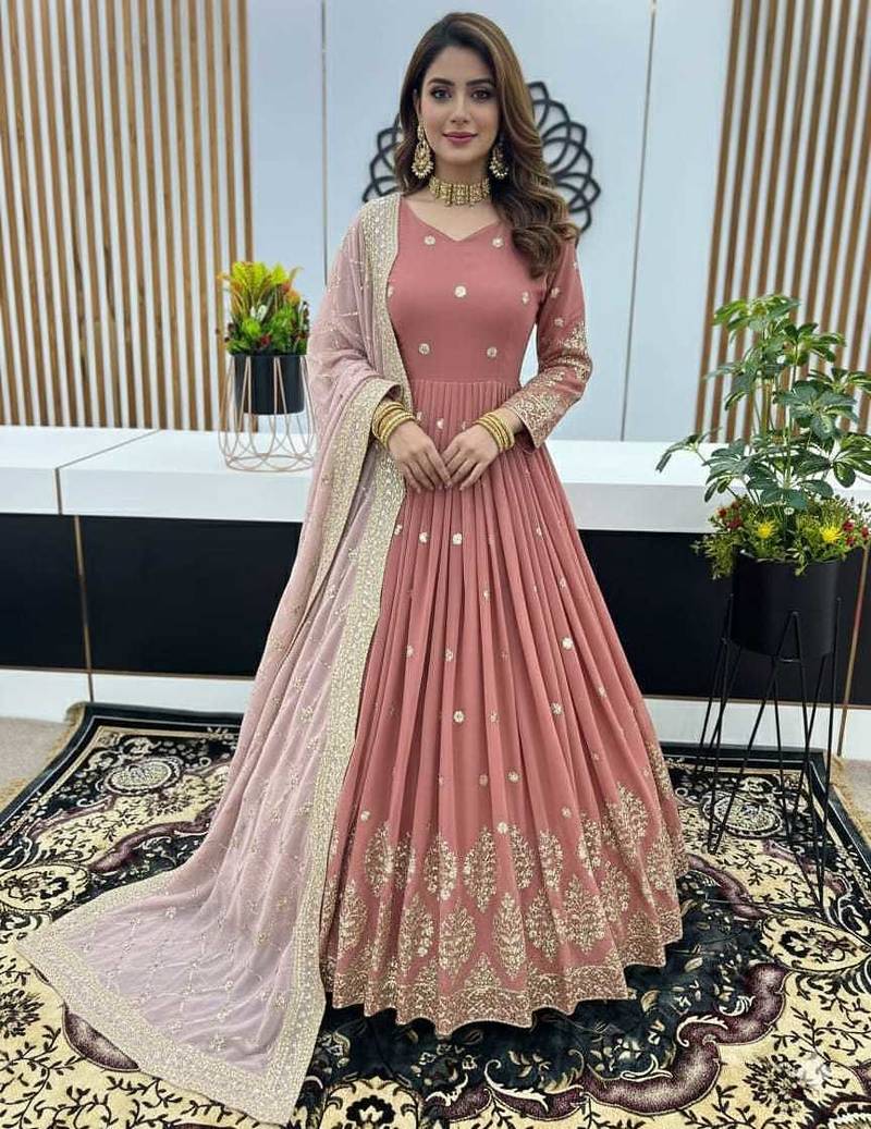 Peach pink designer heavy faux georgette sequins embroidered work readymade suit