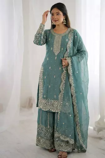 Sky blue color designer fendy silk sequins embroidered work readymade suit