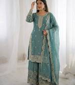 Sky blue color designer fendy silk sequins embroidered work readymade suit