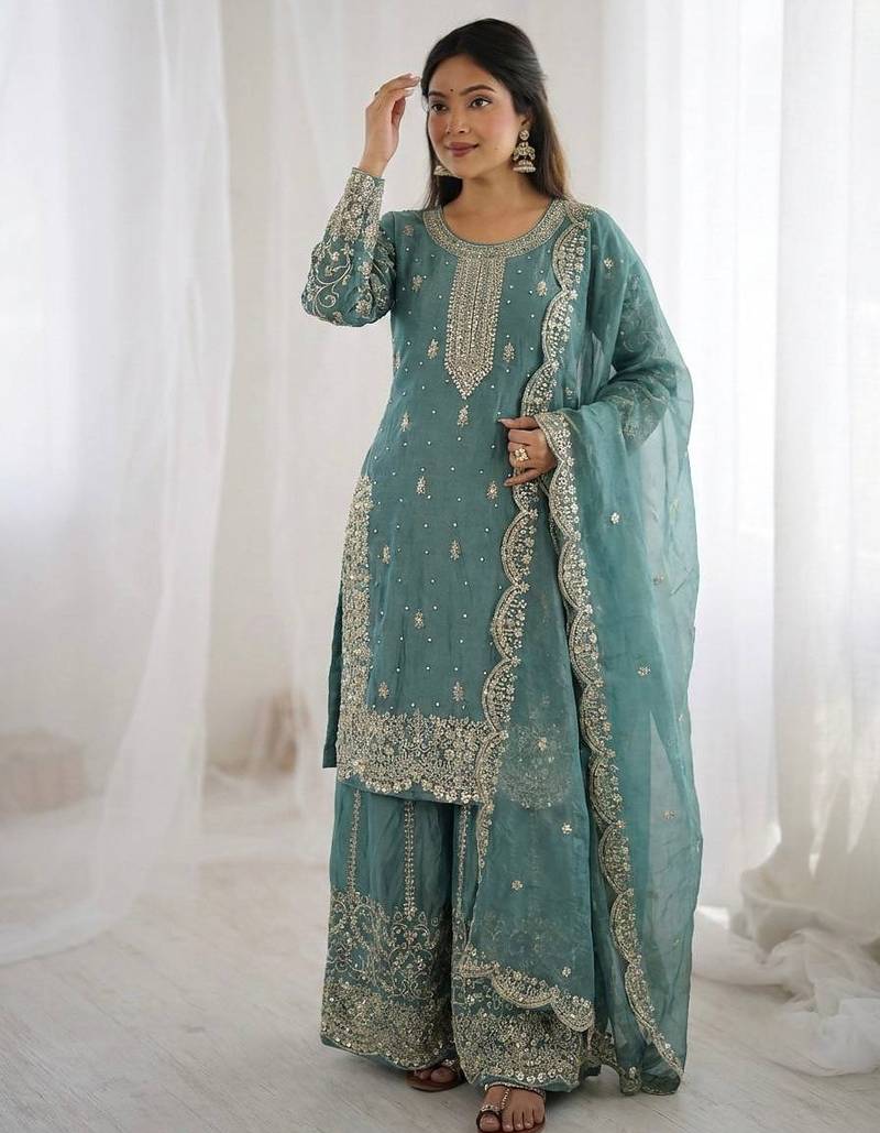 Sky blue color designer fendy silk sequins embroidered work readymade suit