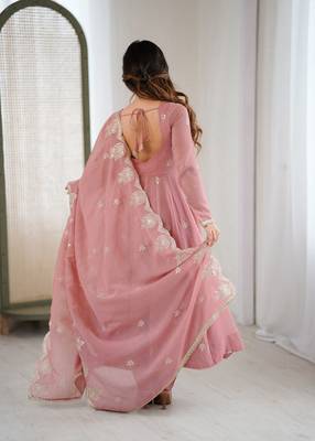 Pink designer crunchy silk sequins embroidered work readymade suit 3
