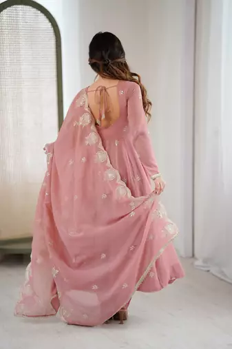 Pink designer crunchy silk sequins embroidered work readymade suit