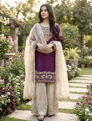 Wine designer heavy gmy silk sequins embroidered work readymade suit 1