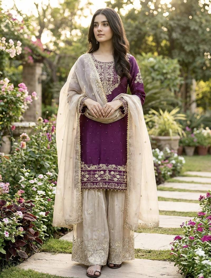 Wine designer heavy gmy silk sequins embroidered work readymade suit