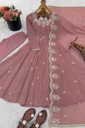 Pink designer crunchy silk sequins embroidered work readymade suit