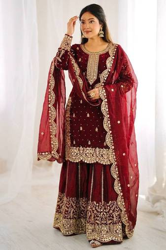 Maroon color designer fendy silk sequins embroidered work readymade suit