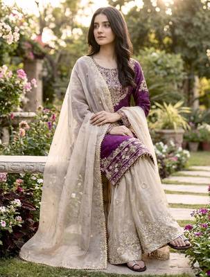 Wine designer heavy gmy silk sequins embroidered work readymade suit 2