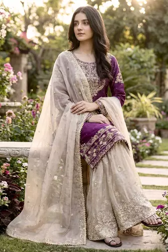 Wine designer heavy gmy silk sequins embroidered work readymade suit